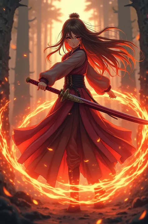 A  girl with brown hair with red tips and a fire aura with a red anime katana 