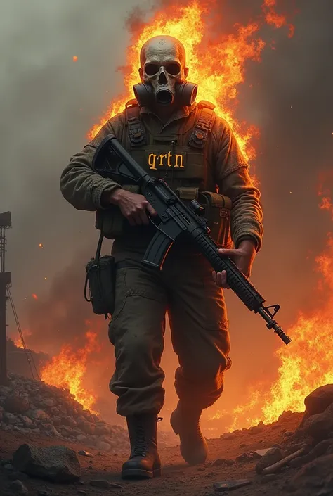 
A soldier with a skull face wearing a gas mask on fire on a war background holding a rifle with the word "QRTN"
