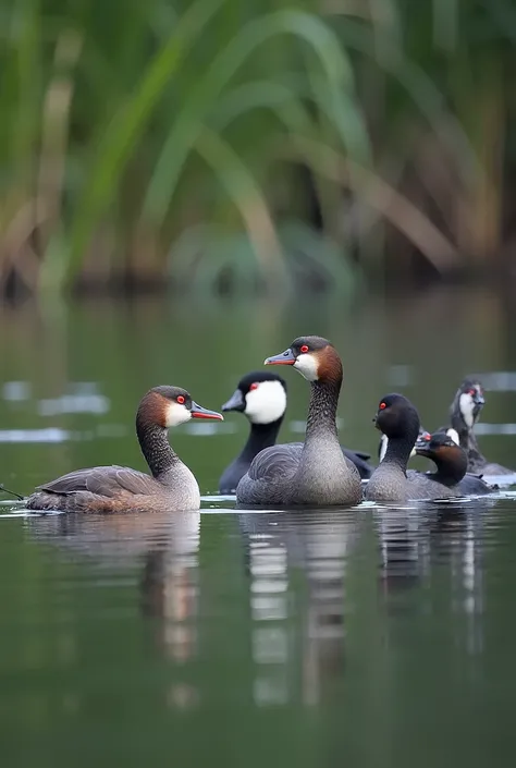 Photo of a lake with a pair of grebes and coots 