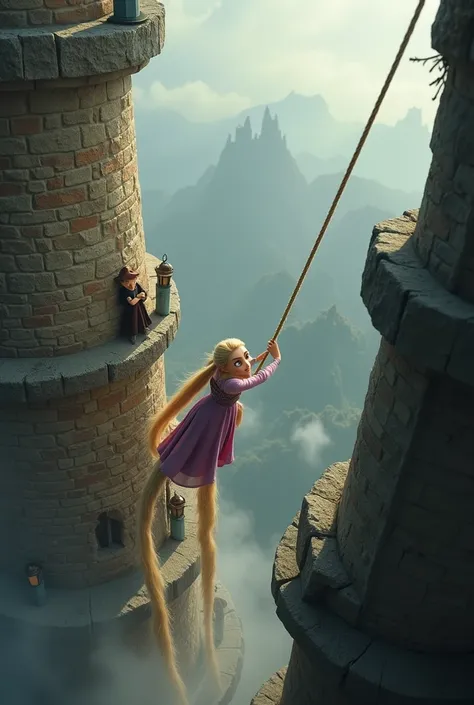 Fog eye,High angel,from the top of the tower,wide shot.
Rapunzel go down the tower using the rope, her long hair trailing behind her. Her face is filled with a mixture of excitement and fear, her arms slightly spread as she takes in the sensation of freedo...