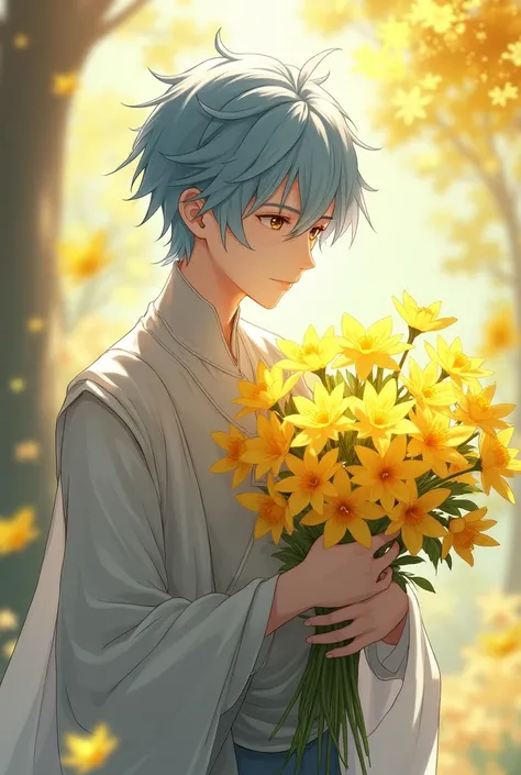 A photo of Chongyun from genshin impact giving yellow flowers