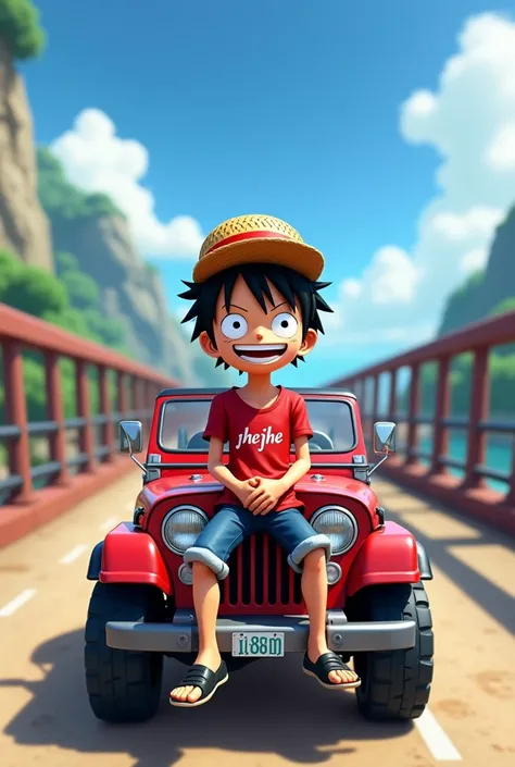 4D cartoon of Luffy sitting on a jeep 5 meters away wearing a red shirt with the words " Jhejhe " black baseball cap facing backwards short jeans black shoes beautiful view on the bridge 20 meters away