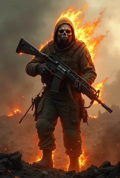 
A soldier with a skull face wearing a gas mask on fire on a war background holding a rifle with the word "QRTN" background
