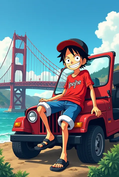 2D cartoon of Luffy sitting on a jeep 5 meters away wearing a red shirt with the words " Jhejhe " black baseball cap facing backwards short jeans black shoes beautiful view on the bridge 20 meters away