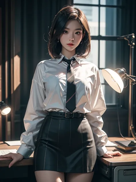 ((Office Lady))、((Suit skirt))、(((Working at a desk)))、Young woman、20 years old、Short Bob、cute、Beauty、Background office、shirt、best quality,4K,8k,highres,masterpiece:1.2),ultra-detailed,(realistic,photorealistic,photo-realistic:1.37),HDR,UHD,studio lighting...