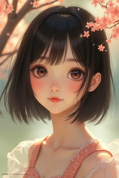 Create a Japanese Girl with Face: Round face with clear, smooth skin, without imperfections. She has slightly rosy cheeks, giving a youthful and healthy appearance.

Hair: Hair preto ou castanho escuro, smooth and shiny, cut in a bob style to the shoulders...