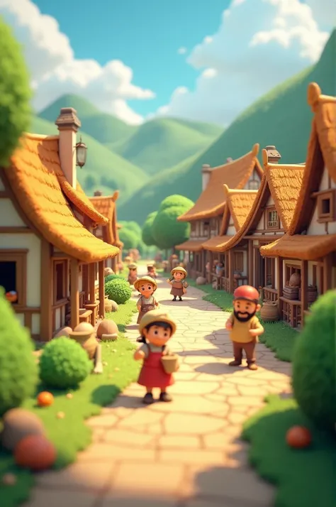 Create 3d animated 1024x576 size photo of a big village and it is very sweet and beautiful village and 3,4 people are in her work create animated pictures 
