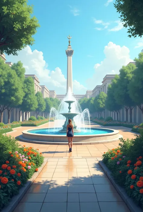 a square with a monument in the background, a fountain and flowers and a person.