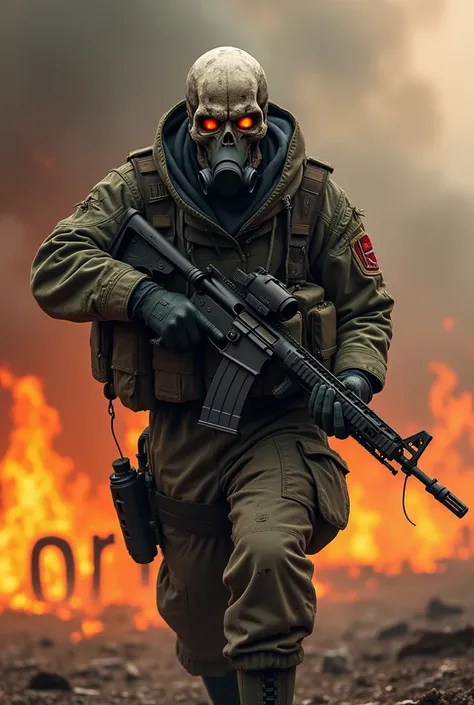 
A skull-faced soldier wearing a gas mask on fire holding a rifle with the word "QRTN" background
