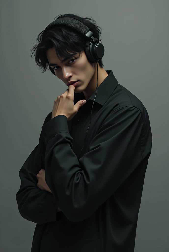 Create a male character with a dark complexion, dark hair with a normal cut making a pose of posing with the right closed hand touching the chin, that reflects a gloomy look with classic black headphones listening to rock and that transmits loneliness, wit...