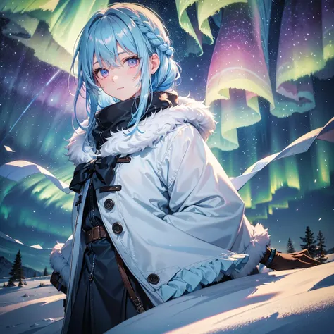 (Sky blue hair),(Braided medium hair), (Pink Eyes),Fair skin) ,(cowboy shot),(One Girl),(masterpiece, Highest quality, Fur coat,Very detailed, Best Shadow), (Detailed Background), (Beautifully detailed face), High Contrast, (Best lighting, Very delicate an...