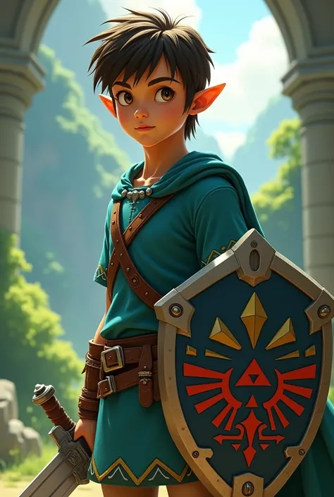 A boy with brown eyes, short black hair with light brown skin. slightly muscular. Legend of Zelda themed. With his sword and shield.
