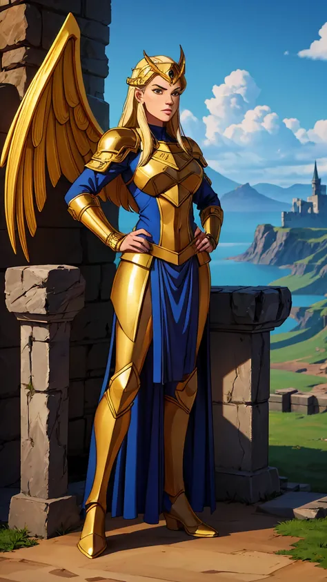 ((Full body photo, standing, feet on the ground)) a blonde Asgardian heroine. She wears dark blue armor, gold trim, (((Norse helm with gold wings))), armored glove, deep v neck. stern expression. blond hair, long hair, blue eyes, (detailed eyes, detailed f...