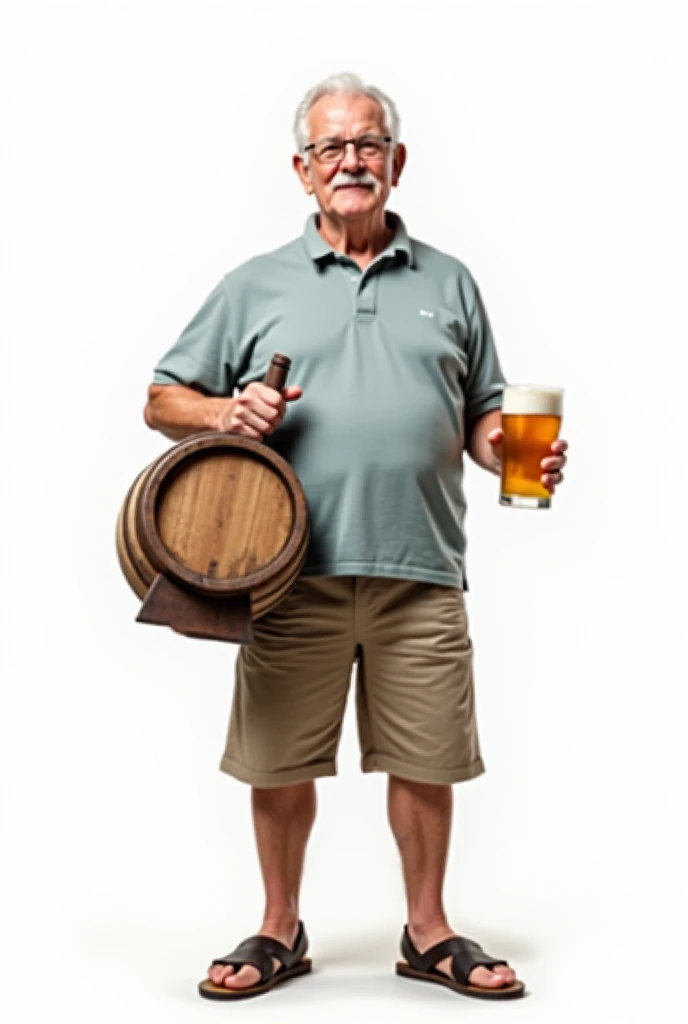 photo of a 6 man with white hair and thin hair, wearing polo shirt, Bermuda series e tenis, holding a small barrel of alcoholic beverage under his arm and with the other hand holding a glass of draft beer, it isolated with white background