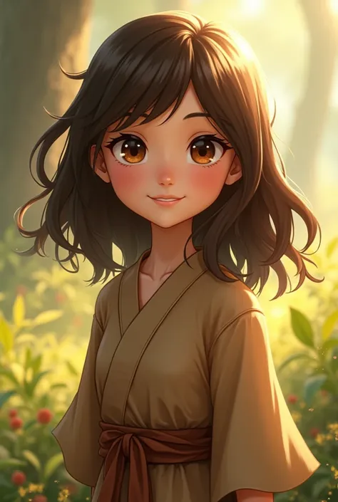 A  girl with brown hair, brown eyes, a smiling smile, an earthy aura, and a brown anime katara.  