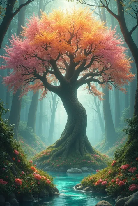 create an image of God by holding a meeting with different species of trees, all filled with vibrant flowers, in a serene and harmonious setting.