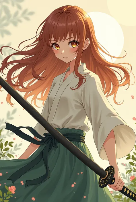 A  girl with brown hair, brown eyes, an earthy aura, and a brown katana, anime version.