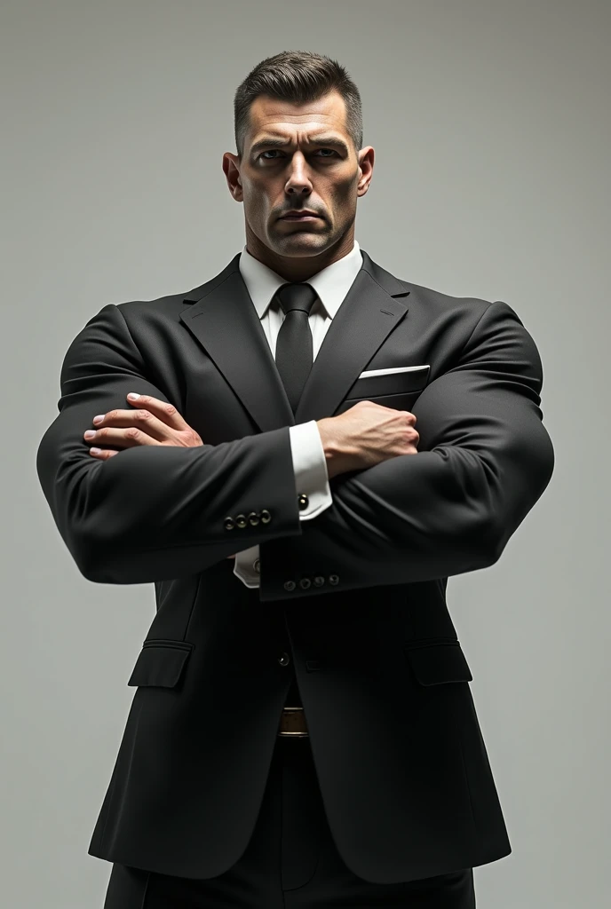 Muscular man in a suit with his arms exposed and crossed