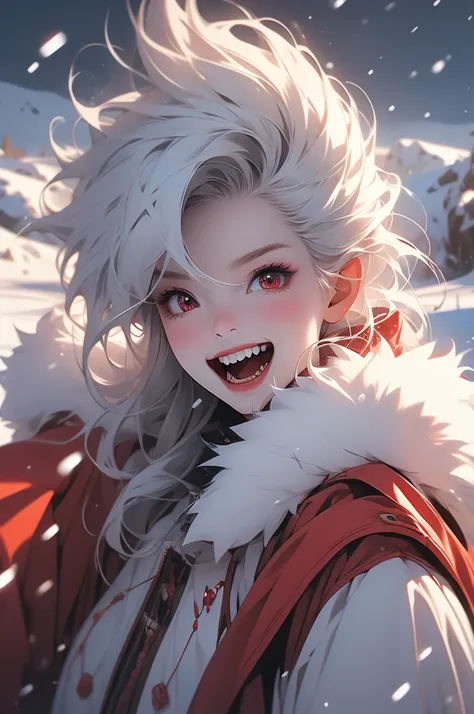 snow landscape, 1 girl, fur coat, short white hair, open mouth, teeth, evil, predatory, red eyes