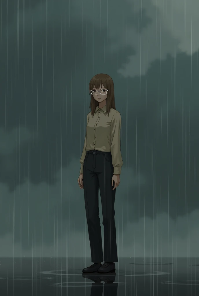 A girl in solitude, dark rainy sky, In the void she is tall, stomach 1,68, She has light brown hair that goes past her shoulders but does not reach her waist., is thin, Dress her with a beige shirt, black pants and black shoes, Put on square-framed, white ...