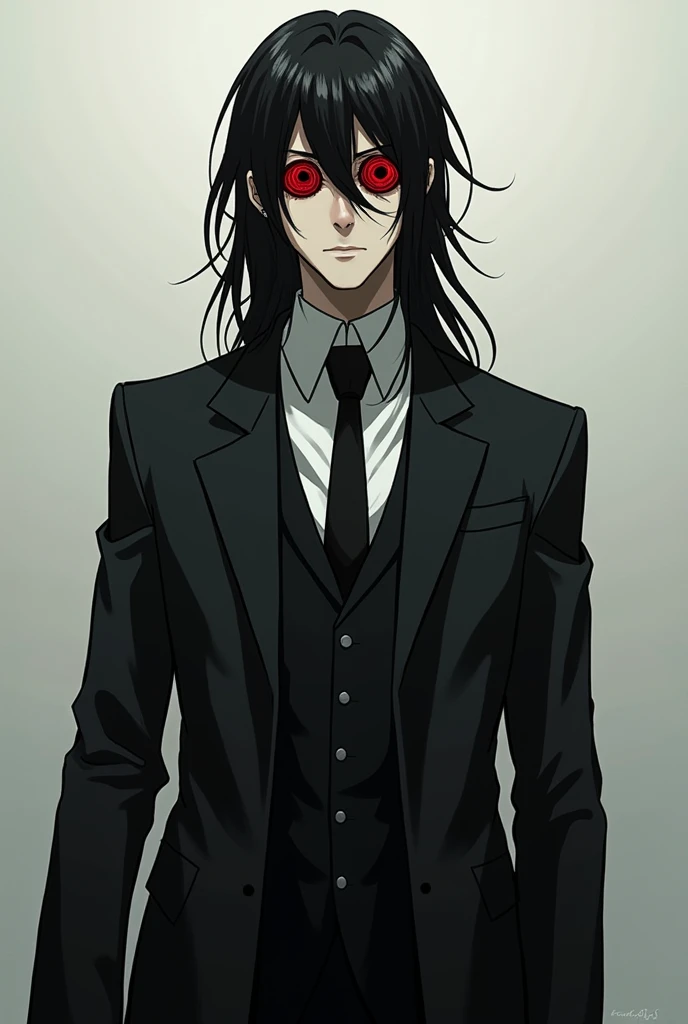 A tall man of about 2. Red eyes with many black rings inside the iris. black, long and loose hair. Dressed in formal attire, consisting of a shirt, black tie and coat. calm, disinterested expression. in anime style "chainsaw man"