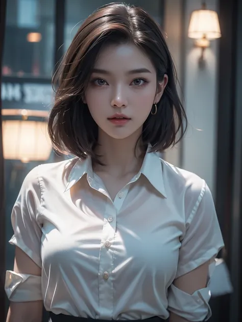 ((Office Lady))、((shirt))、Unbutton、((sexy))、Young woman、20 years old、Short Bob、cute、Beauty、Background office、best quality,4K,8k,highres,masterpiece:1.2),ultra-detailed,(realistic,photorealistic,photo-realistic:1.37),HDR,UHD,studio lighting,ultra-fine paint...