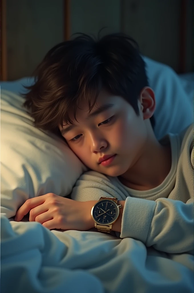 lying in your bed, young Eduardo opened his eyes,  but he didn&#39;t want to get up. He lay down and reached out to grab his watch to see what time it was.. the image is ultra realistic in 4K