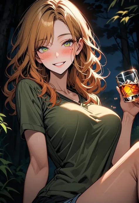 solo, female, tall, rugged, fit, rugged, very large breasts, curvaceous, pretty face, mole under one eye, green eyes, long, wavy orange hair, wide hips, forest ranger, close up, wildlife biologist, casual, smile, parted lips, night, drunk, sitting, drinkin...