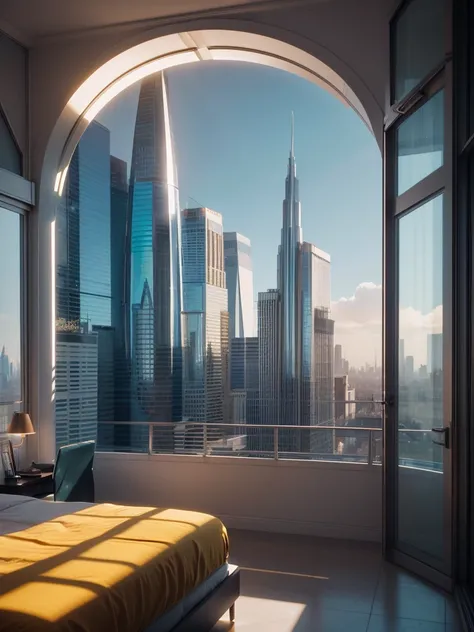 a gorgeous sci - fi bedroom matte painting by john harris, sparth and greg rutkowski. sharp edges, tiffany blue, grey orange, white and golden. sci - fi bedroom in a space base, outside the windows a future city skyline, light effect. ultra clear detailed,...