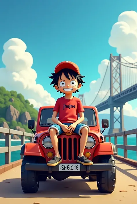 3D cartoon Luffy ideal body posture sitting on a jeep 5 meters away wearing a red shirt with the words " Jhejhe " black baseball cap facing backwards short jeans black shoes beautiful view on the bridge 20 meters away