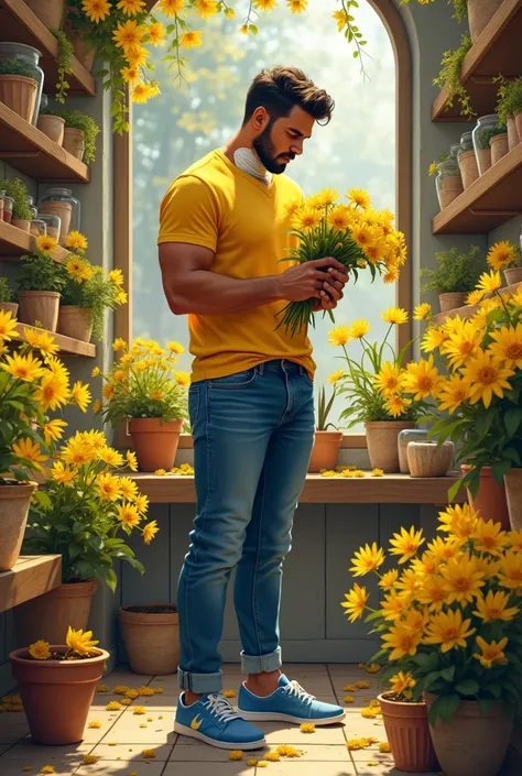 young man, muscular, 2, shaving, moreno, by the classic cut, wear a yellow shirt, jeans azul, blue sports shoes without socks, in her hands a bouquet of yellow flowers. Background a flower shop full of yellow flowers