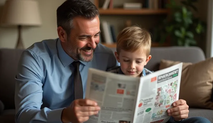 Well dressed man, successful executive, is at home with his son, the son is playing break_head in a newspaper, the son shows the completed puzzle to his father