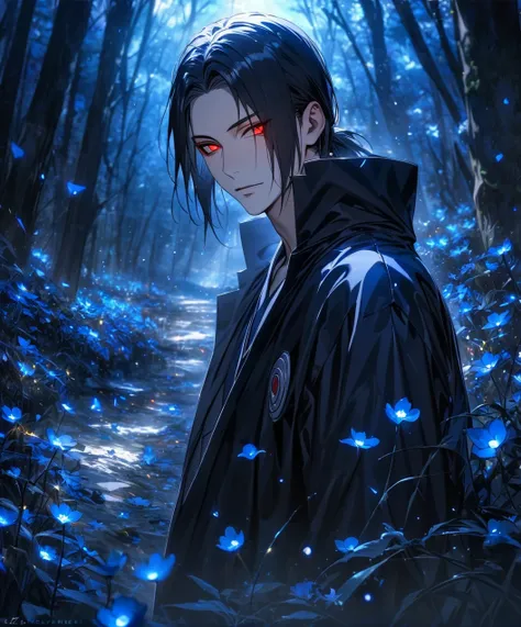 (absurdres, highres, ultra detailed, HDR), master piece, best quality, vibrant red eyes, Uchiha Itachi, black hair, 1man, handsome, Naruto Shippuden, blue forest, blue fireflies, blue flowers, blue petals