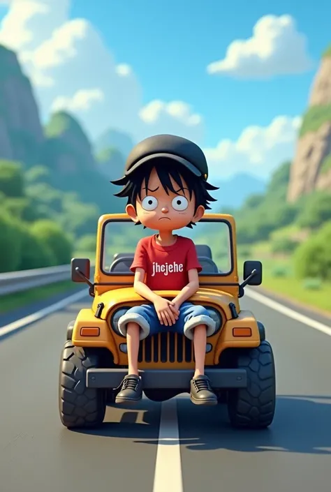 3D cartoon of Luffy sitting sadly on a jeep wearing a red shirt with the words " Jhejhe " black baseball cap facing backwards short jeans black shoes beautiful view in the middle of the highway 20 meters away