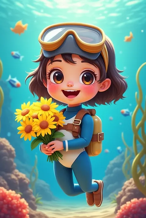 Cartoon girl in a diver with the name Rosalia with a bouquet of yellow flowers