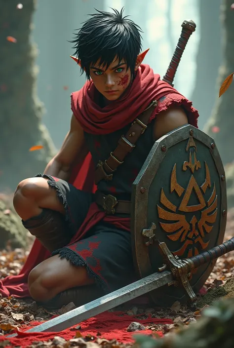 A boy with one red eye and the other green, Short black hair with light brown skin and muscular and with an angry and warrior face . Legend of Zelda themed. With his long sword and mirror shield. Their clothes are red and black.. In combat position, very w...