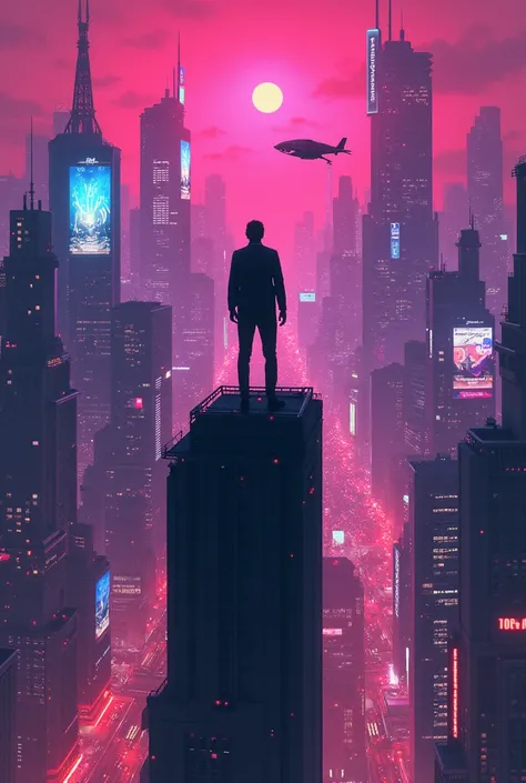 generate a cyberpunk style image, where a man is on top of a building, looking at the city from above, the man&#39;s back is to the viewer, the buildings have signs and images in neon colors; there are flying cars too. A very futuristic setting with a pred...