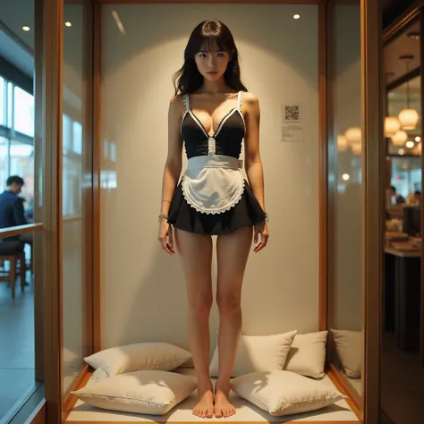 Realistic and detailed photo of a young and beautiful Japanese woman standing in a large showcase with upright cushions。Wearing a sexy maid apron on her naked body、Highly detailed thighs。Women are a commodity、Women are the premium item、Women are highly val...