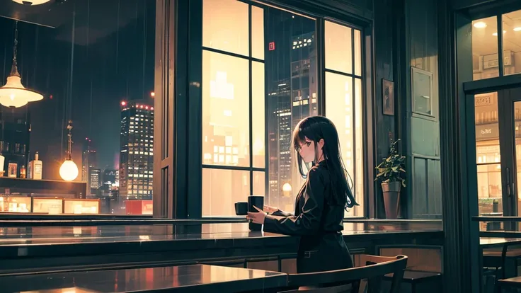 A girl studying in a stylish coffee shop at night and looking outside。The background is a rainy sky。