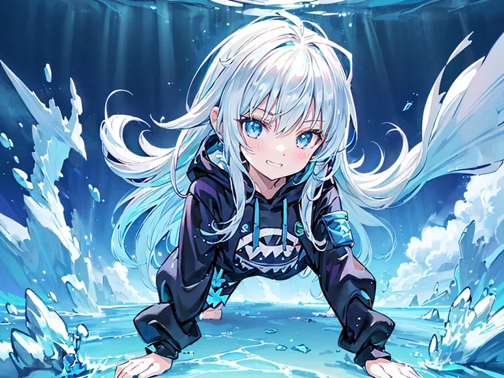 ((masterpiece)), ((Best Quality)), ((High resolution)), ((Highly detailed CG synthesis 8k wallpaper)), ((Transparent underwater:1.3)), ((Female Cartoon Character, Untidy white hair, Light blue mesh, Cover your ears with hair, Smiling with teeth showing, Ja...