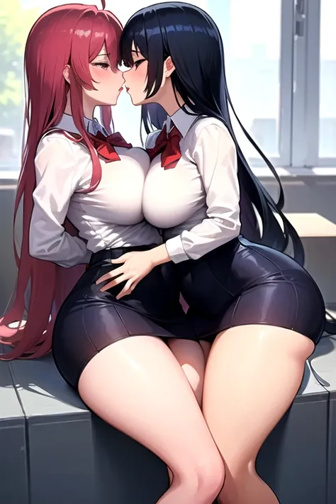 lesbian (very long loose yellow hair)(big breasts, large thighs</input></xml>)(with school uniform clothes it is very tight) that he is kissing and touching his parts at school with his girlfriend(that they are in a very sexy and compromising position with...