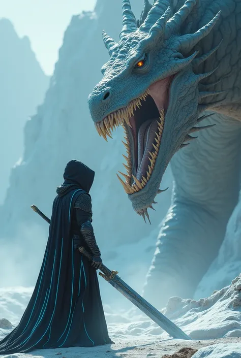 Carrying a heavy glacial greatsword ,a thin hooded warrior in a black outfit with fluorescent blue lines on the esperial , points his sword to the sky in confrontation with a huge ancient dragon with golden fangs