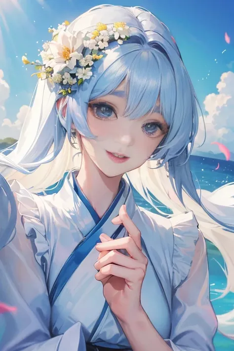 Official Art,Carefully crafted sharp focus, (Beautiful, Beautiful and lovely Korean woman:1.3), (Beautiful and cute Korean:1.3), Korean beauty, 精致和Beautiful头发、Eyes and face, Practical, Extremely detailed, Beautiful女孩, Blue sky, Emit white particles, (Side ...