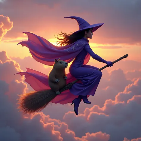 Witch in purple clothes flying on a broomstick with a capybara 