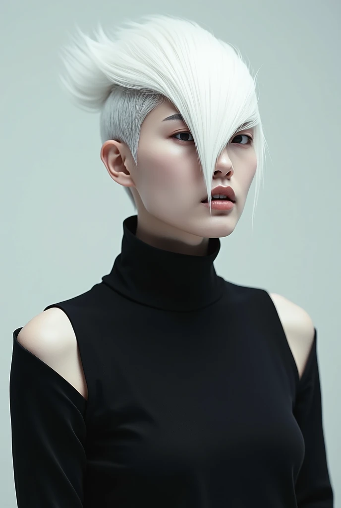 This image presents a minimalist and futuristic portrait. The Korean model has platinum white hair, cut in a geometric and asymmetrical style that moves dynamically. She wears a black high-neck top with very pronounced shoulders, creating a dramatic and an...