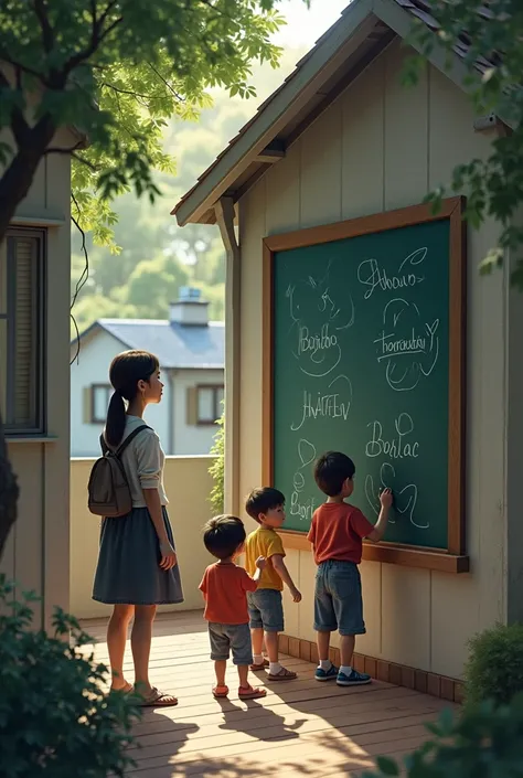 An adult woman, He watches from the window of his house as some children write their names on a blackboard on the wall in front of his house. 




