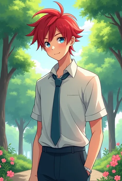 Anime boy  red hair blue eyes in the park with school clothes a little tall and smiling