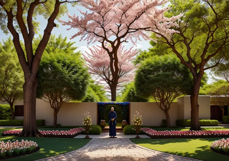 create an image of God by holding a meeting with different species of trees, all filled with vibrant flowers, in a serene and harmonious setting.