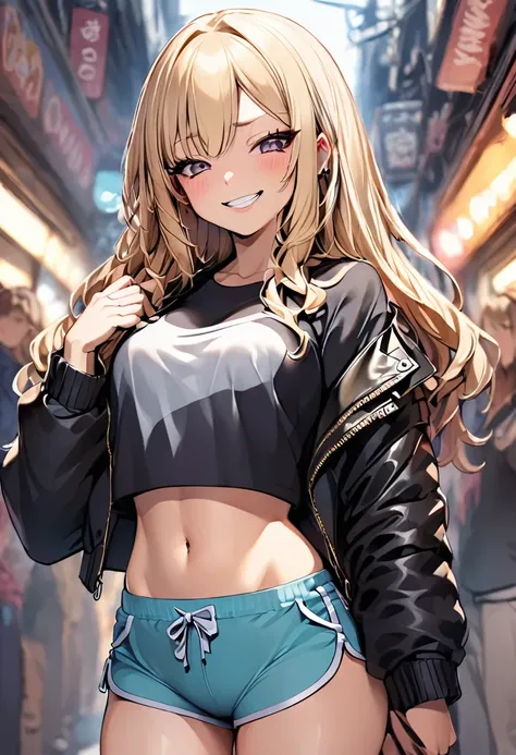 Cute and adorable beautiful young teen blonde goth  girl flirty smirk with dìmples blushing and shy wearing dolphin shorts and crop top t-shirt with leather jacket