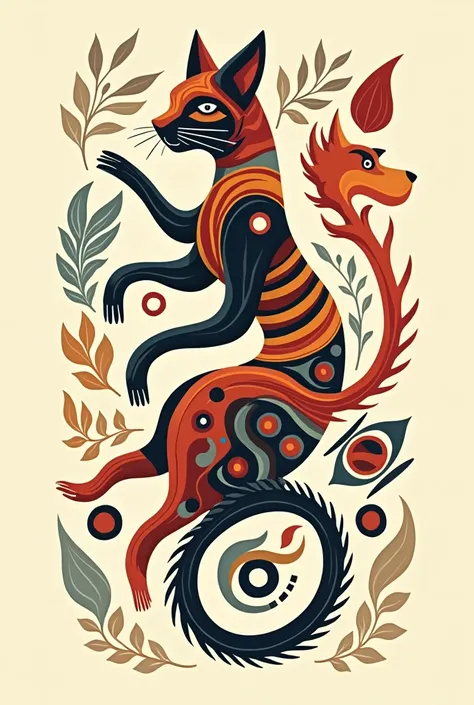 Imagine a tribal style design that combines a cat and a dog in harmony., with its stylized intertwined shapes. The cat might be in a playful posture, with lines that accentuate its agility, while the dog would accompany him in a loyal position, with contou...